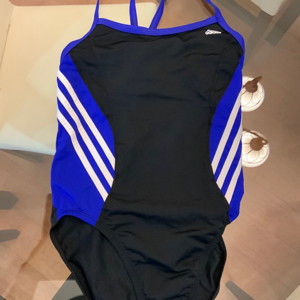 Adidas One Piece Swimsuit black and blue Solid Splice Vortex Back 36 S